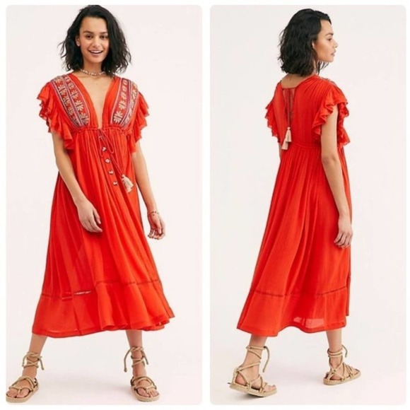 Free People Bali Will Wait For You Midi Red Dress Size Small - Picture 3 of 12